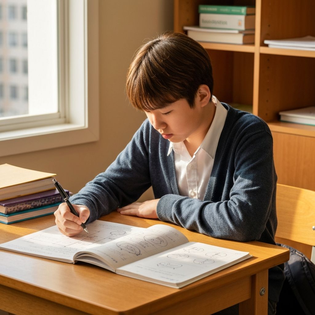 Учащийся выполняет письменное упражнение за столом